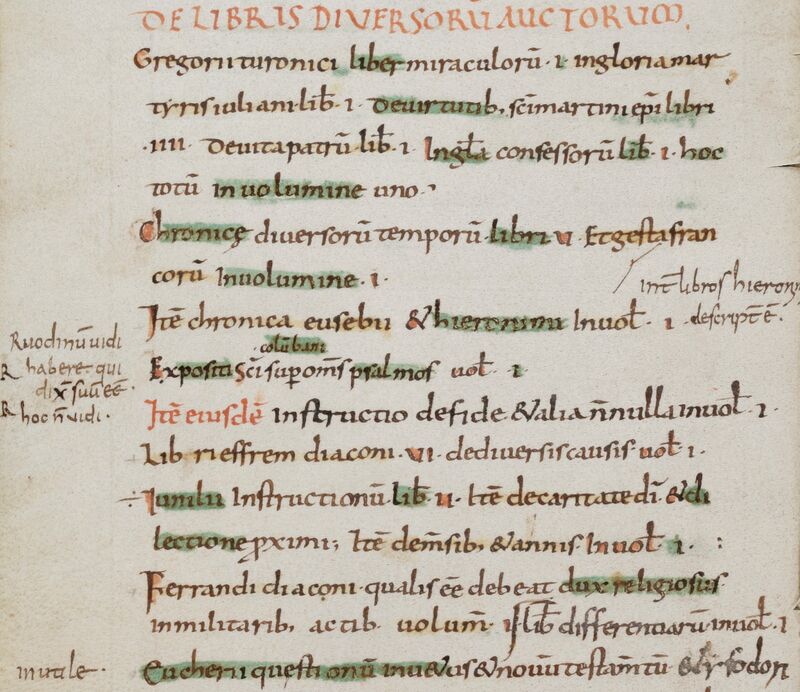 Il più antico catalogo della biblioteca di San Gallo, risalente all’860/870 (Biblioteca abbaziale San Gallo, Cod. Sang. 728, p. 12)